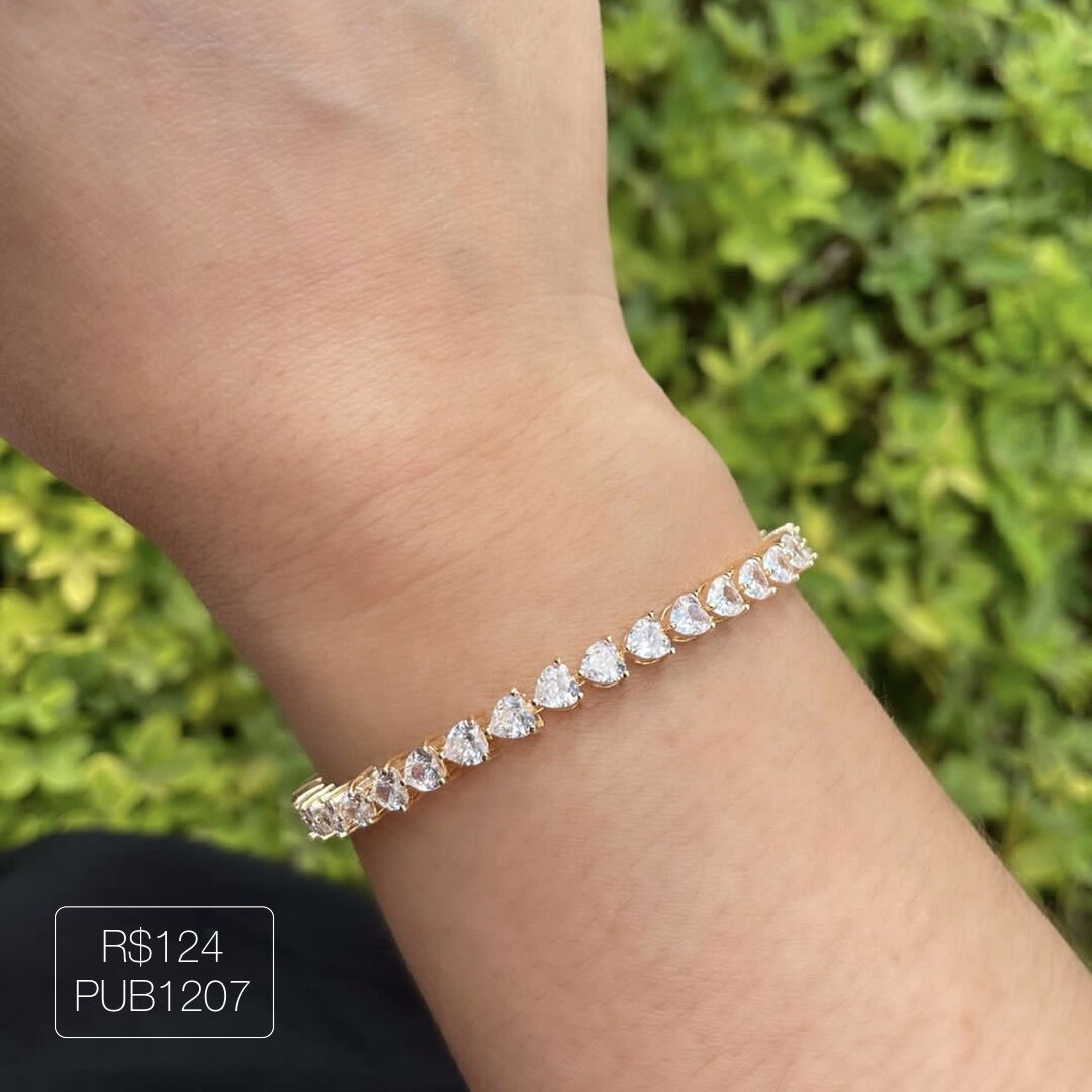 Pulseira Riviera Fundida Coração Cristal Dourado